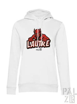 Weiße Kapuzenjacke mit rotem Teufel-Design und ’l’autre’-Text, aus Baumwolle.