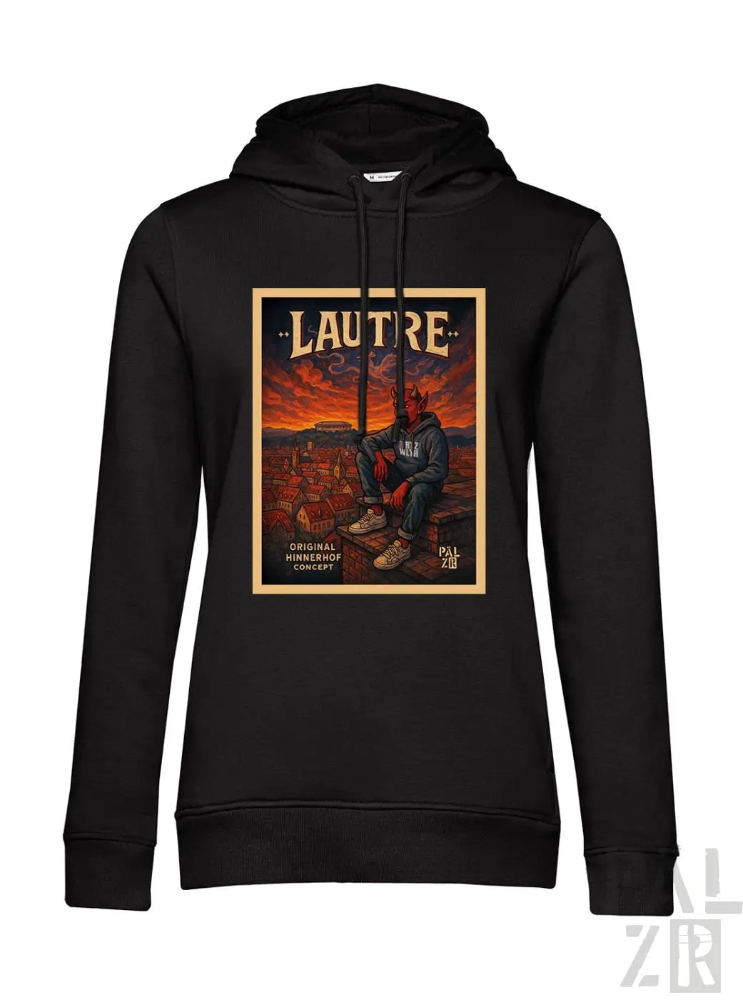 Schwarzes Hoodie mit Grafikdesign, das eine Figur in einer Wüstenlandschaft zeigt, Text ’lautre’ oben.