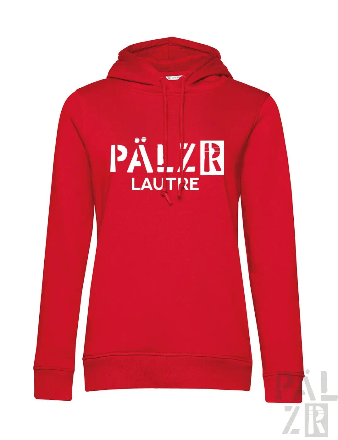 Roter frauen hoodie aus nachhaltiger baumwolle mit weißem pälzr lautre grafikdruck vorne