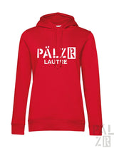 Roter frauen hoodie aus nachhaltiger baumwolle mit weißem pälzr lautre grafikdruck vorne