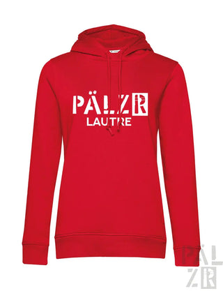 Roter frauen hoodie aus nachhaltiger baumwolle mit weißem pälzr lautre grafikdruck vorne