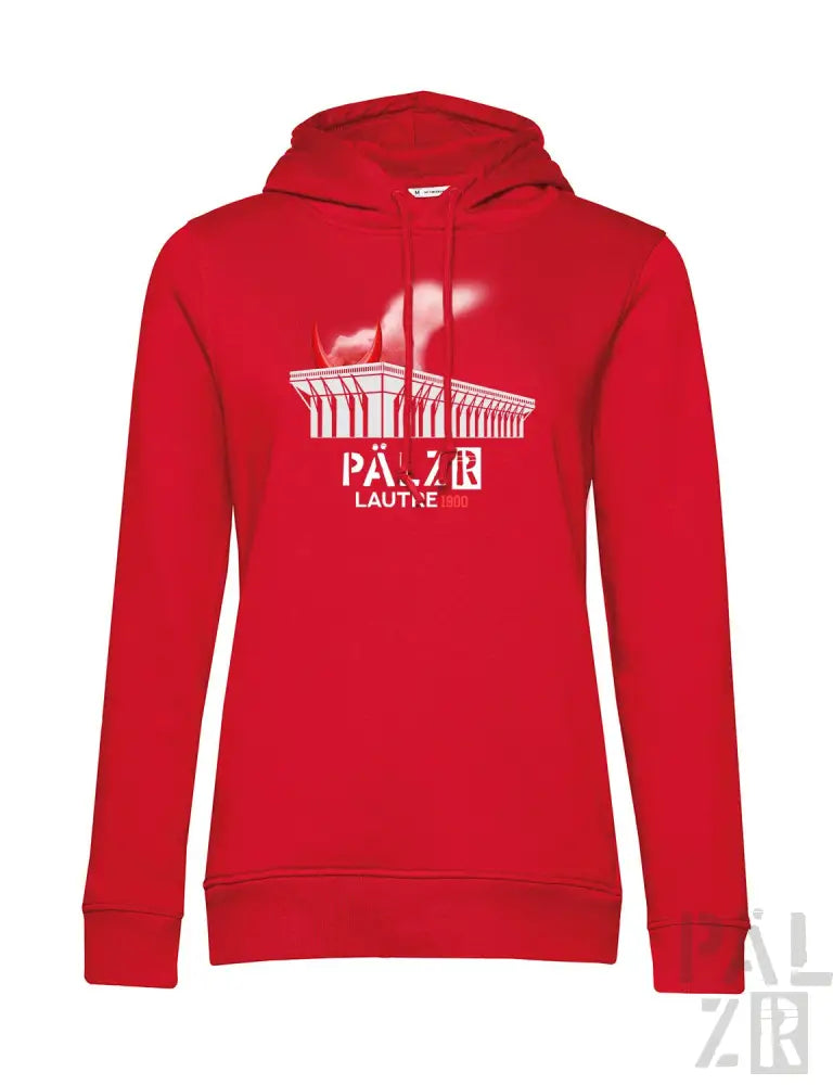 Rote Kapuzenjacke mit weißem Grafikdesign, das ein Gebäude und den Text ’palazzo’ auf der Vorderseite zeigt, aus Baumwollmischgewebe gefertigt.