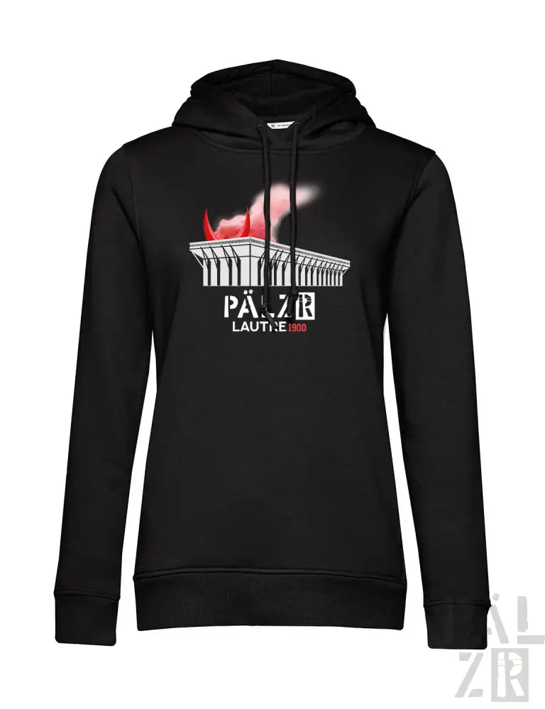 Schwarze Kapuzenjacke mit weiß-rotem Design, das die Silhouette eines Gebäudes zeigt.