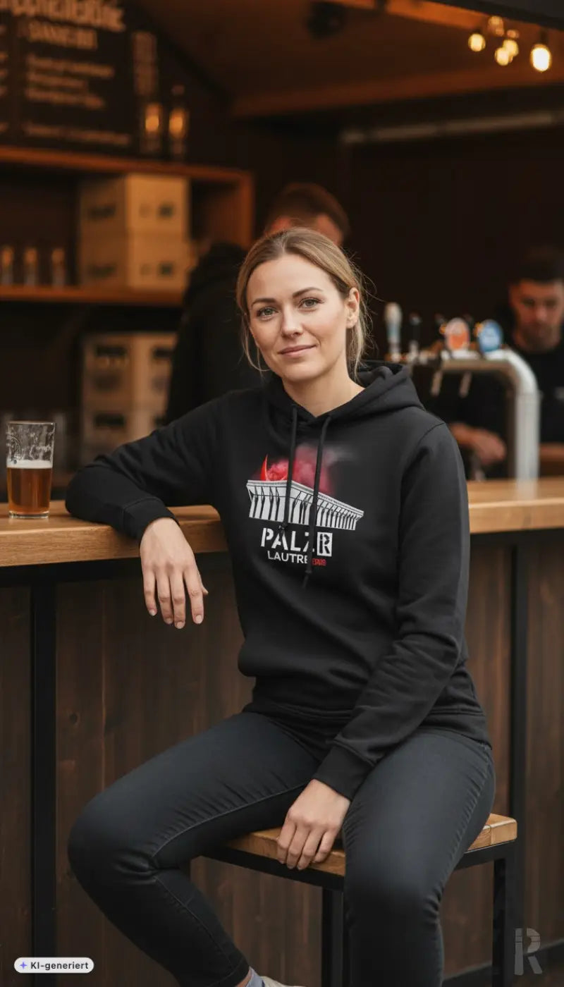 Frauen hoodie lautre1900 in schwarz mit weißem palais lausanne grafik und rotem flammendetail mit bold lautre schriftzug