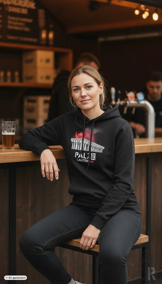 Frauen hoodie lautre1900 in schwarz mit weißem palais lausanne grafik und rotem flammendetail mit bold lautre schriftzug