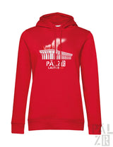 Rote frauen hoodie lautre1900 mit weißem grafikdruck eines gebäudes und text in verschiedenen farben