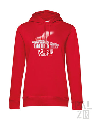 Rote frauen hoodie lautre1900 mit weißem grafikdruck eines gebäudes und text in verschiedenen farben