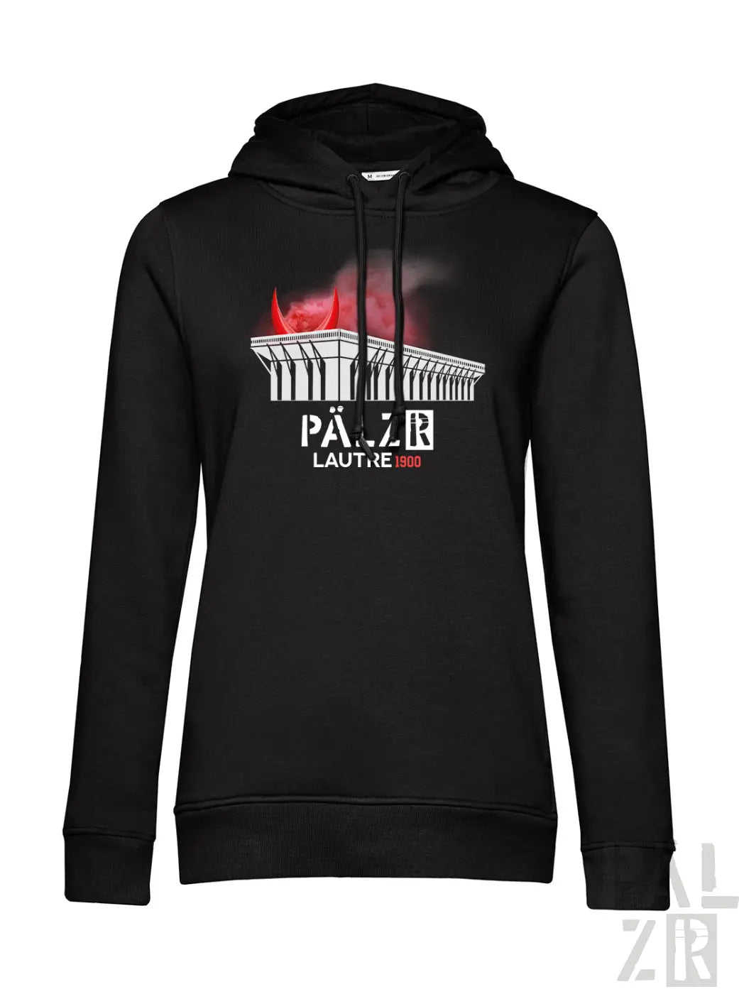 Frauen hoodie lautre1900 in schwarz mit weißem gebäude und roten teufelshörnern sowie schriftzug pärzer lautre 1900
