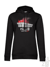 Frauen hoodie lautre1900 in schwarz mit weißem gebäude und roten teufelshörnern sowie schriftzug pärzer lautre 1900