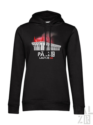 Frauen hoodie lautre1900 in schwarz mit weißem gebäude und roten teufelshörnern sowie schriftzug pärzer lautre 1900