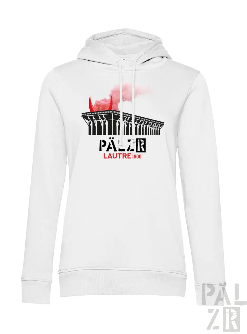 Weißes frauen hoodie mit schwarzem und rotem palais lausanne grafik und pälzer lautre 1900 schriftzug