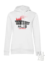 Weißes frauen hoodie mit schwarzem und rotem palais lausanne grafik und pälzer lautre 1900 schriftzug