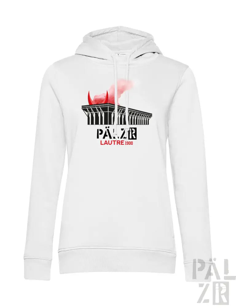 Weiße Hoodie mit schwarz-roten Design mit Silhouette eines Stadions.
