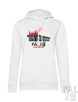 Weiße Hoodie mit schwarz-roten Design mit Silhouette eines Stadions.