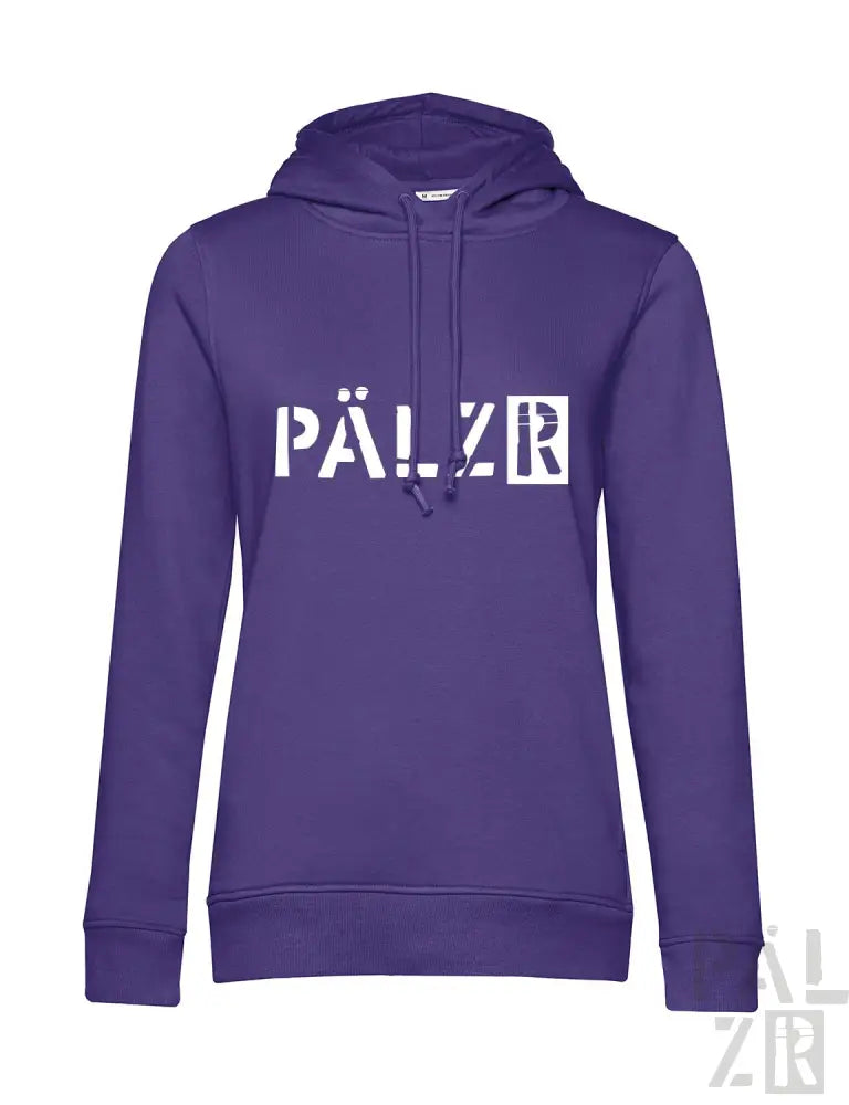 Violetter Hoodie mit ’pälzr’ Textdesign, aus weichem Baumwollmischgewebe.
