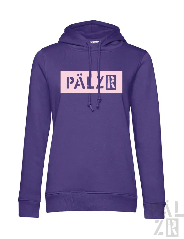 Lila Hoodie mit ’pälzr’-Logo in pink-schwarzem Design.