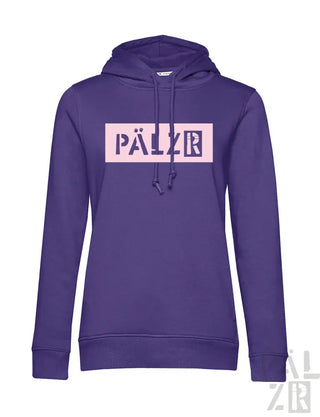 Lila Hoodie mit ’pälzr’-Logo in pink-schwarzem Design.