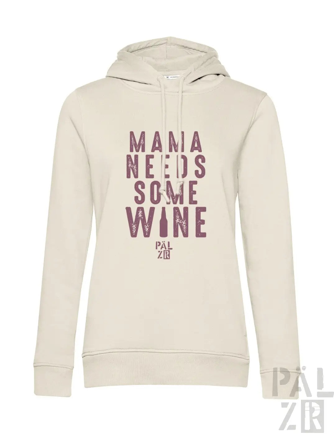 Cremeweißer Hoodie mit Textdesign „Mama braucht etwas Wein“, mit Kapuze und langen Ärmeln.
