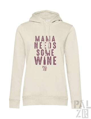 Cremeweißer Hoodie mit Textdesign „Mama braucht etwas Wein“, mit Kapuze und langen Ärmeln.