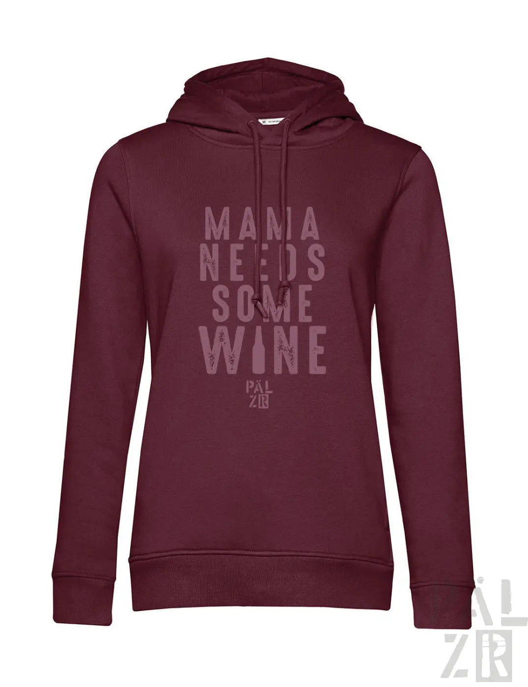 Bordeaux-Hoodie mit Design „Mama braucht etwas Wein“ in Weiß und Schwarz, mit Kordelzug-Kapuze.