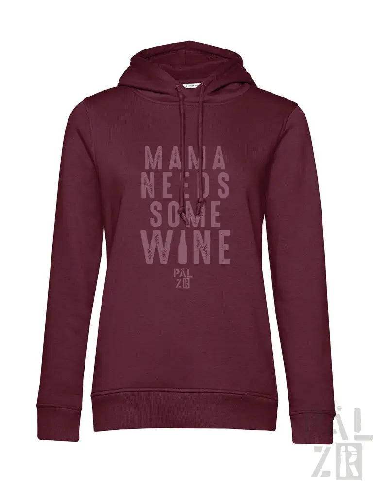 Bordeaux-Hoodie mit Design „Mama braucht etwas Wein“ in Weiß und Schwarz, mit Kordelzug-Kapuze.