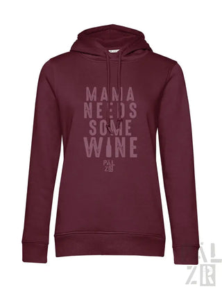 Bordeaux-Hoodie mit Design „Mama braucht etwas Wein“ in Weiß und Schwarz, mit Kordelzug-Kapuze.