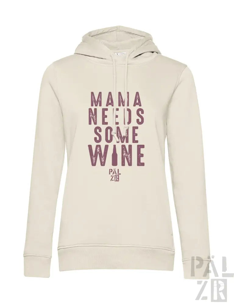Cremeweißer Hoodie mit Textdesign „Mama braucht etwas Wein“, mit Kapuze und langen Ärmeln.