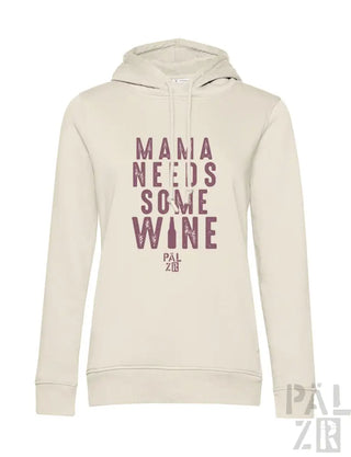 Cremeweißer Hoodie mit Textdesign „Mama braucht etwas Wein“, mit Kapuze und langen Ärmeln.