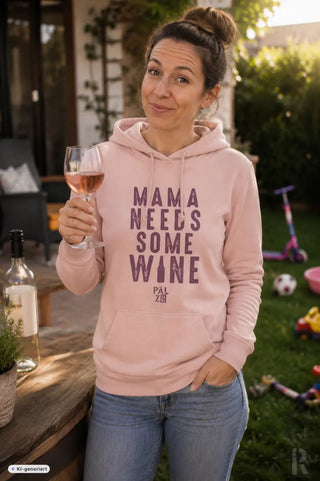 Rosa frauen hoodie mit markantem lila distressed text mama needs some wine und pal zib logo verschiedener farben