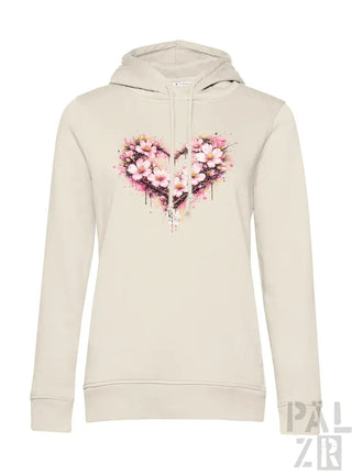 Beige Hoodie mit lebendigem pink-weißem Blumenherz-Design und Aquarell-Spritzereffekten.