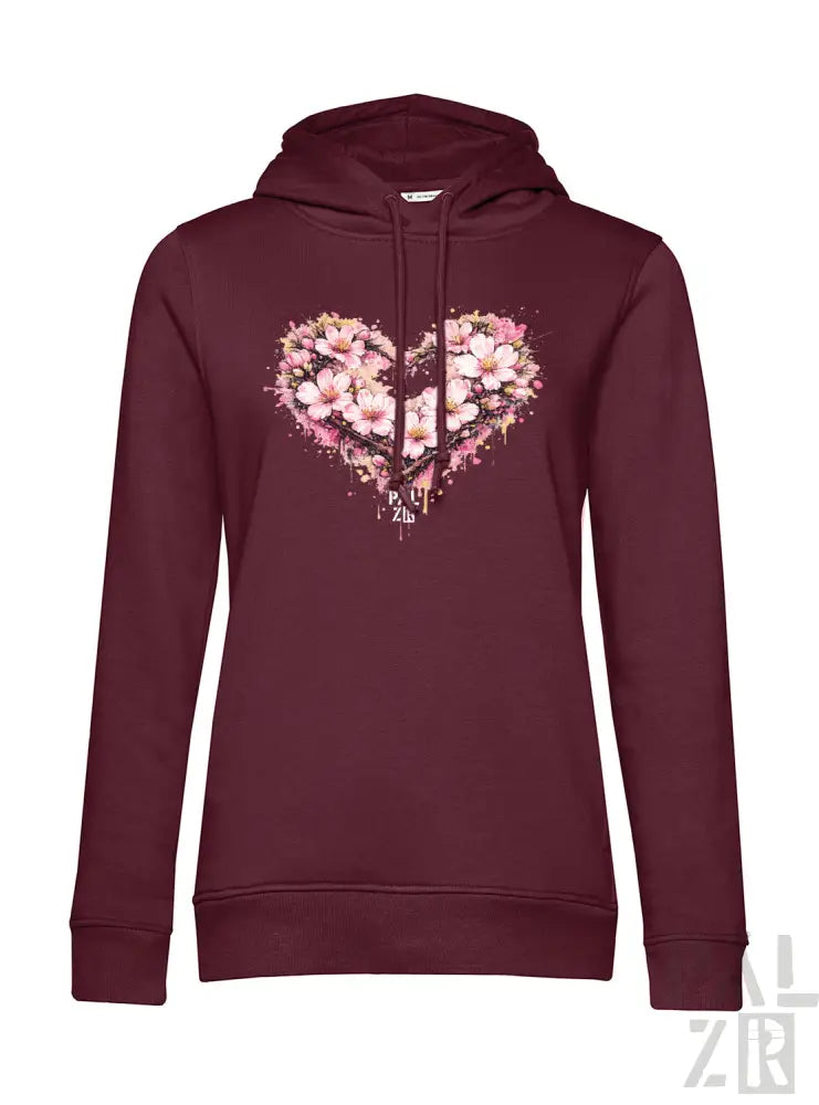 Bordeaux-Farbene Damen-Hoodie mit einem lebendigen herzförmigen Blumenmuster mit rosa Blüten und Spritzeffekten.