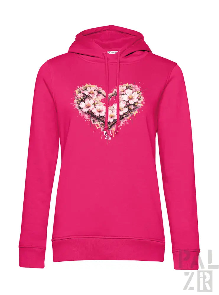 Helles rosa Damen-Hoodie mit herzförmigem Blumenmuster aus weißen und hellrosa Blüten.