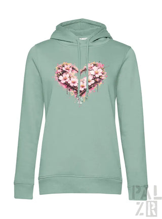 Minzgrüner Hoodie mit einem lebendigen pink-weißen floralen Herzdesign und tropfenden Farbeffekten.