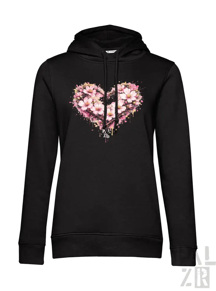 Schwarzer Hoodie mit einem lebendigen pink- und weiß-blumigen Herz-Design mit Spritzeffekten über der Brust.