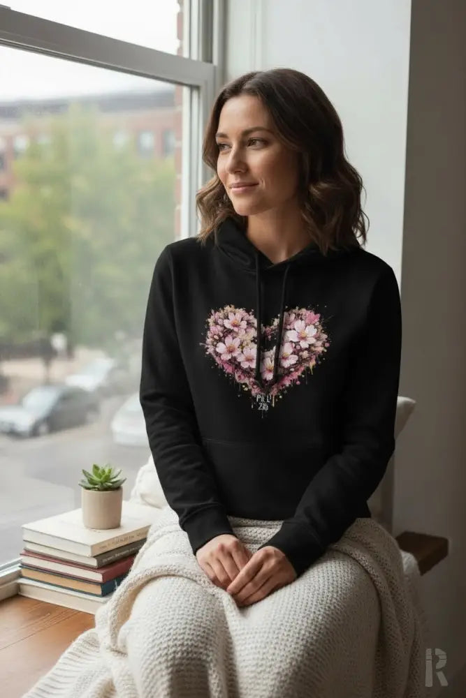 Schwarzes Hoodie mit einem lebendigen pinken Blumenherz-Design auf der Vorderseite