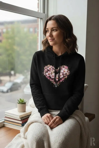 Schwarzes Hoodie mit einem lebendigen pinken Blumenherz-Design auf der Vorderseite