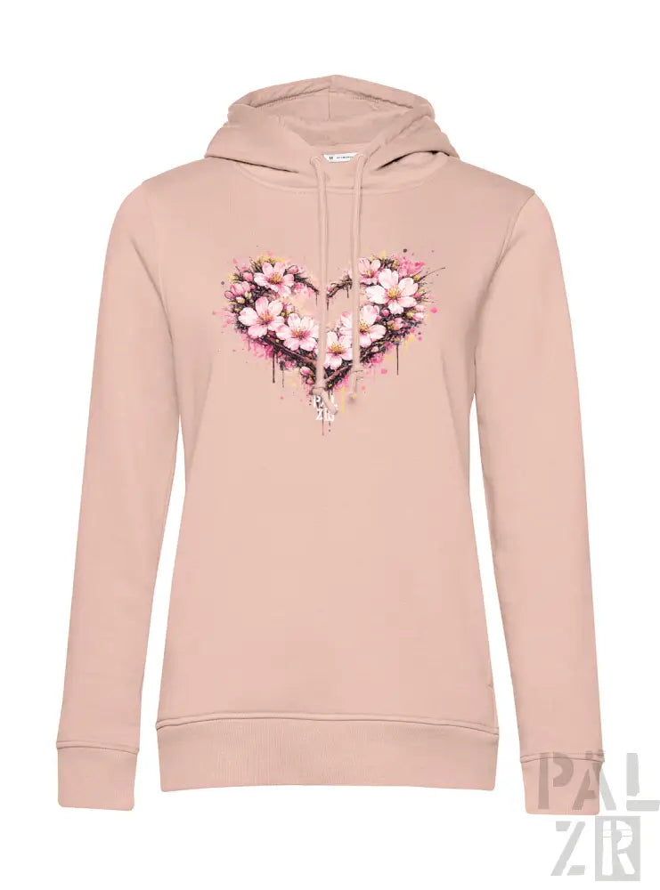 Eine weiche rosarote Hoodie mit einem lebendigen Aquarell-Herz-Design, verziert mit zarten weißen und rosa Blüten.