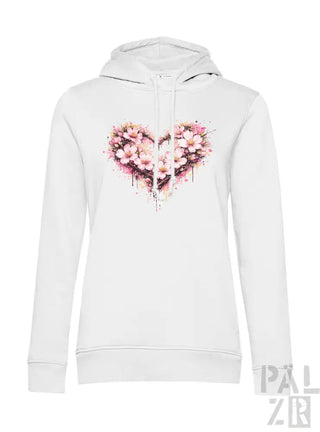 Weißes Hoodie mit einem lebendigen pink und pfirsichfarbenen Aquarell-Herz-Design mit Blüten.