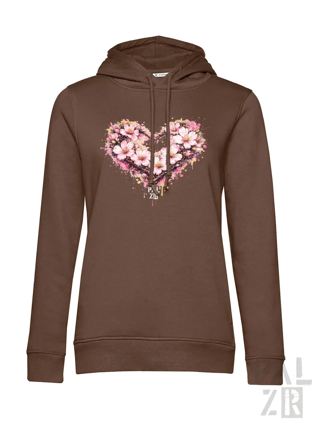 Brauner Hoodie mit Kapuze, der ein lebendiges herzförmiges Blumenmuster mit rosa Blüten und Spritzfarbenakzenten aufweist.