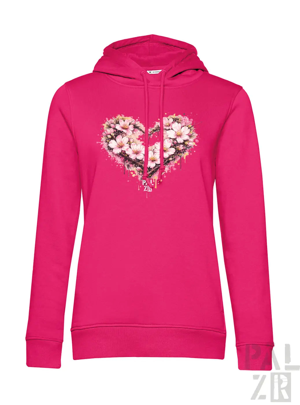 Helles rosa Damen-Hoodie mit herzförmigem Blumenmuster aus weißen und hellrosa Blüten.