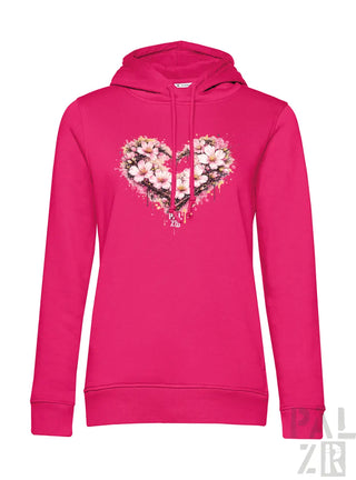 Helles rosa Damen-Hoodie mit herzförmigem Blumenmuster aus weißen und hellrosa Blüten.