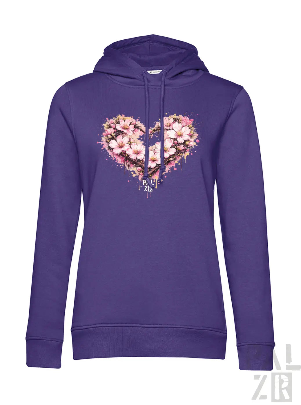 Violetter Damen-Hoodie mit herzförmigem Blumenmuster aus pinken und weißen Blüten.