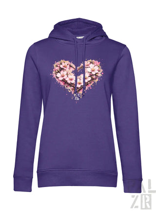 Violetter Damen-Hoodie mit herzförmigem Blumenmuster aus pinken und weißen Blüten.
