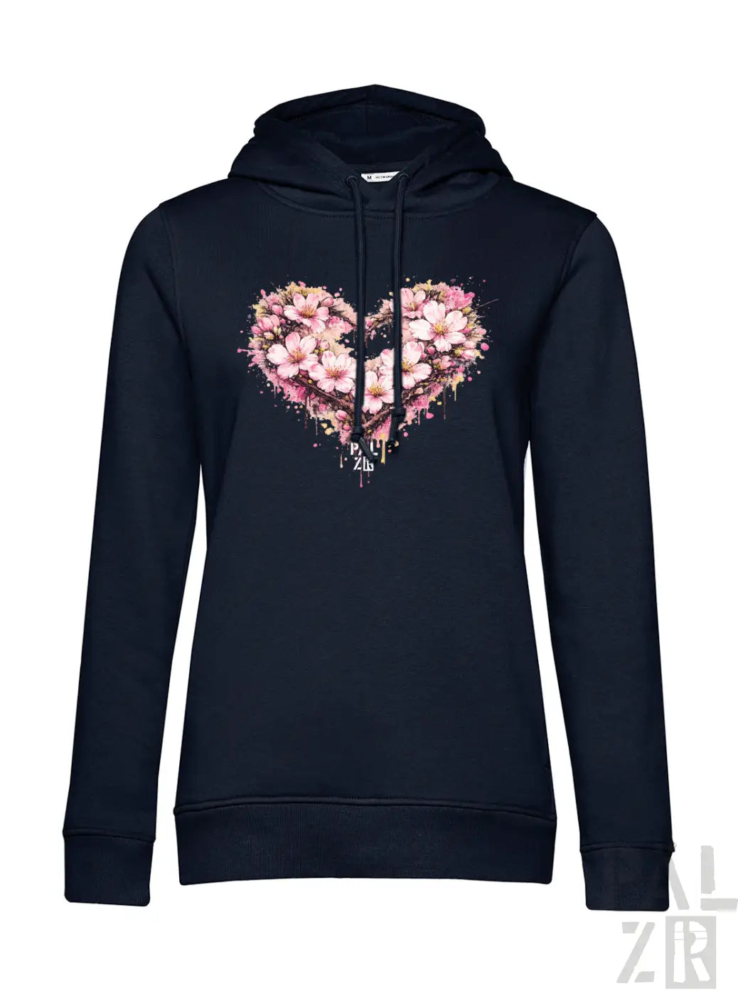 Dunkelblaue Kapuzenjacke mit einem lebendigen pink-weißen Kirschblüten-Herz-Design und Spritzeffekten.