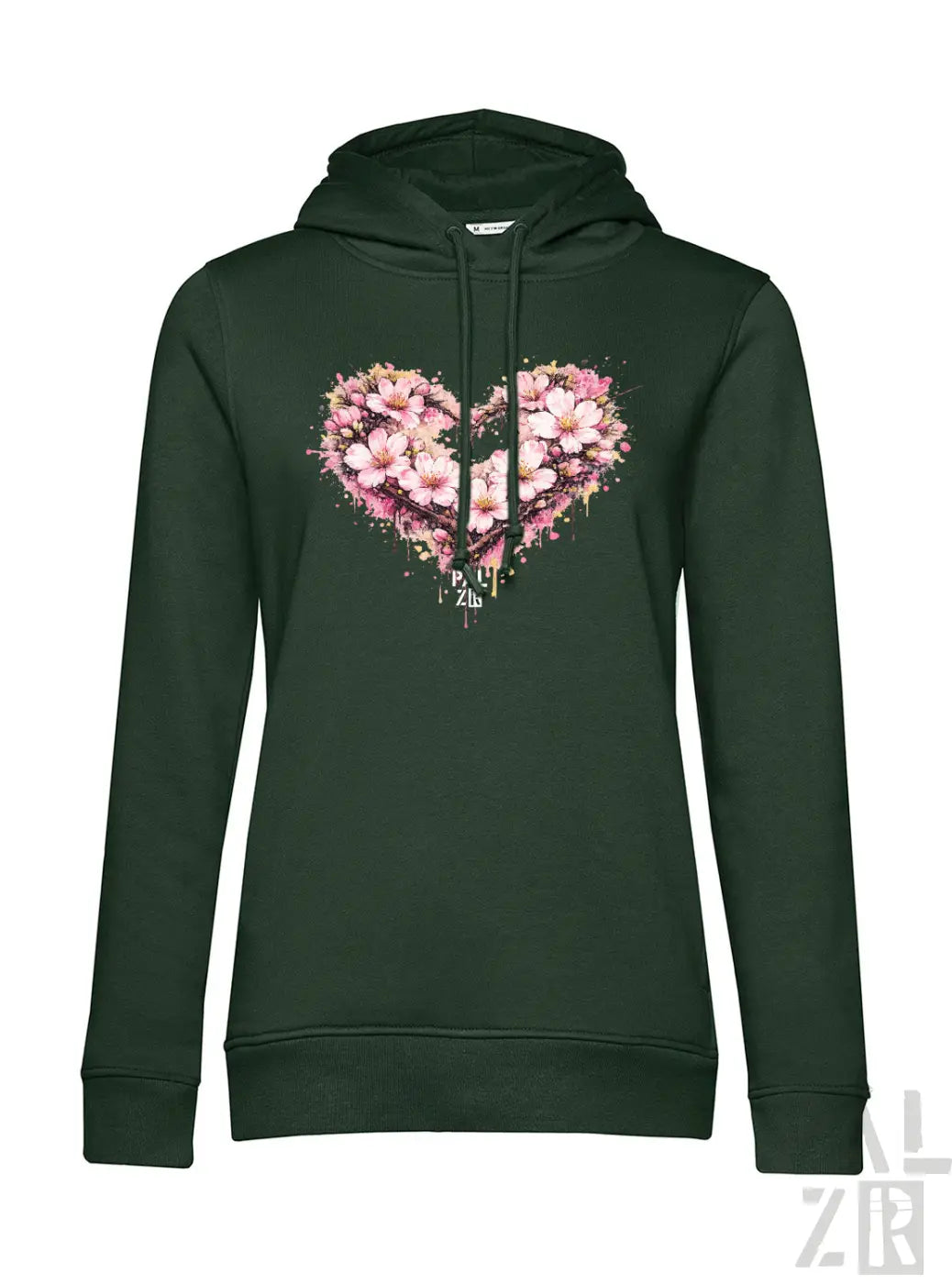 Dunkelgrüner Damenhoodie mit einem lebendigen pinken Kirschblüten-Herz-Design mit Spritzeffekten und dem Text ’p.