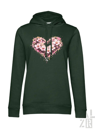 Dunkelgrüner Damenhoodie mit einem lebendigen pinken Kirschblüten-Herz-Design mit Spritzeffekten und dem Text ’p.