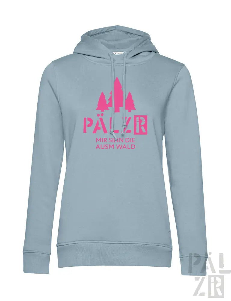 Hellblaues Hoodie mit pinkem „palzr“-Logo und Baumdesign.