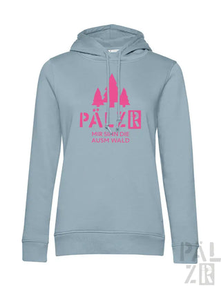 Hellblaues Hoodie mit pinkem „palzr“-Logo und Baumdesign.