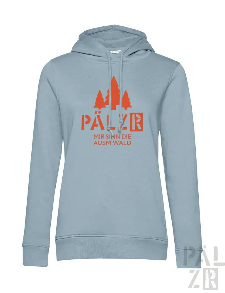 Hellblaues Hoodie mit Orangenbaum-Design und Text „pälzr“ auf der Vorderseite.