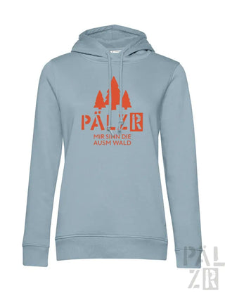 Hellblaues Hoodie mit Orangenbaum-Design und Text „pälzr“ auf der Vorderseite.
